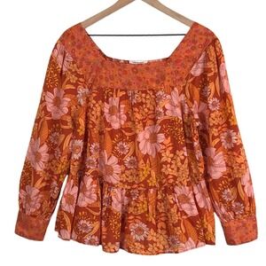 NWOT AMERICAN EAGLE Tiered Peasant Top Blouse Sz S Orange Square Neck Cotton